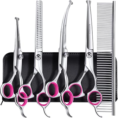 Gimars 4CR Stainless Steel 6 in 1 Dog Grooming Scissors Kit Pink