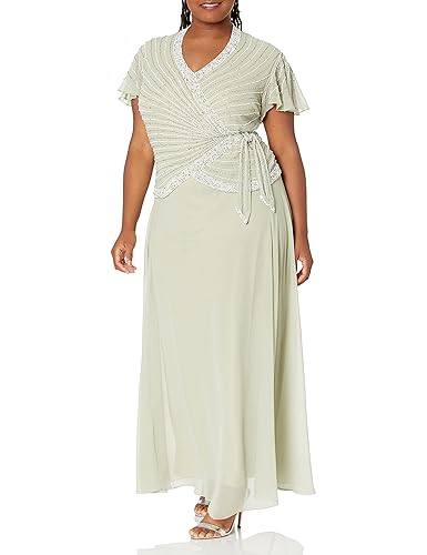 J Kara Women's Plus Size Beaded Flutter Sleeve Dress, Celery/Multi
