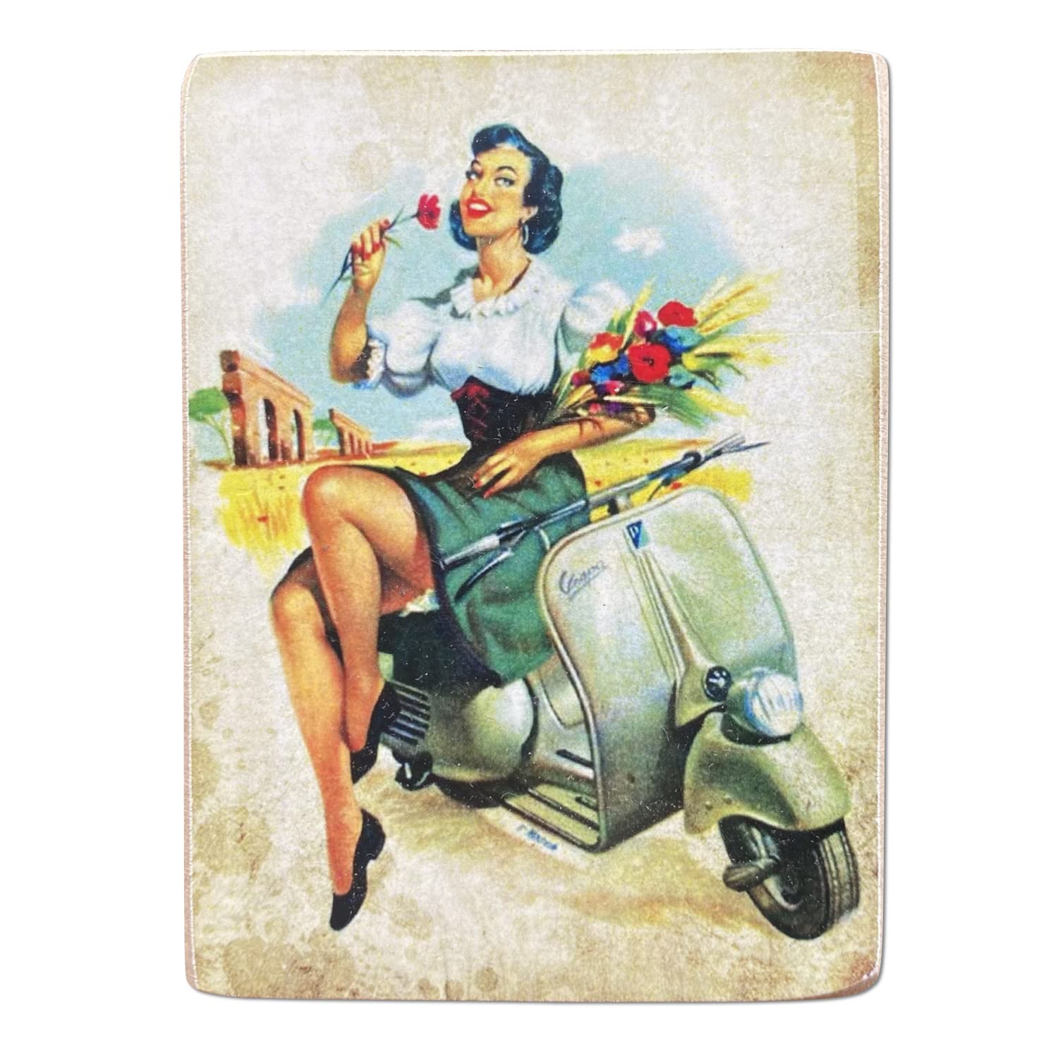 Kustom Art Magnet (magnet) Series PIn Up on Vespa Vintage Style for Refrigerator/Garage/Bar Print on Wood 10x6cm