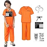 Xinxiaomeng 6Pcs Prisoner Costume Kids Orange Inmate Jail Costume Accessories Halloween Outfits for Boys Girls