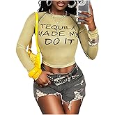 RoseSeek Women's Letter Graphic Tees Crew Neck Long Sleeve T Shirts Fitted Crop Tops