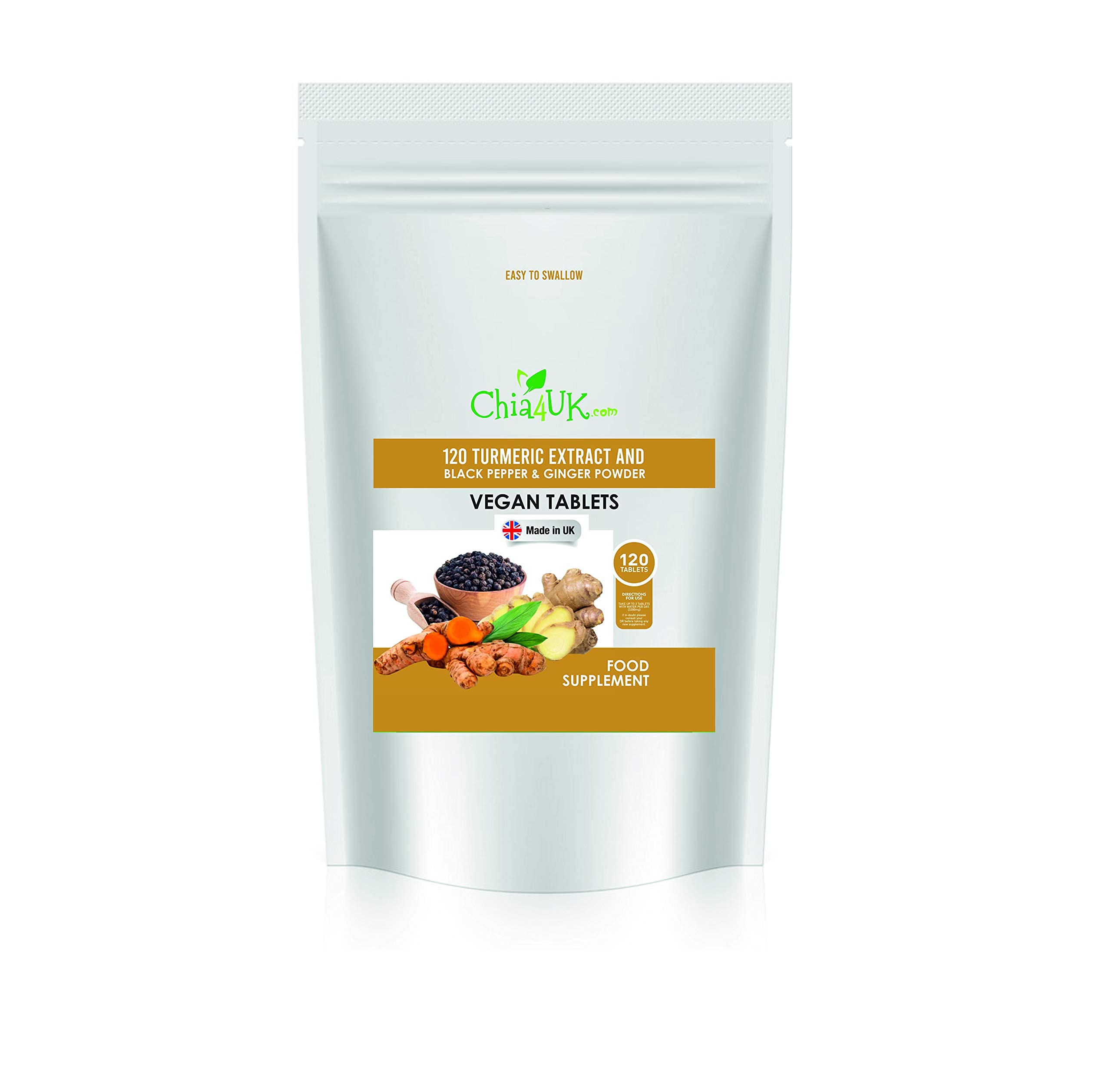 Turmeric Tablets 2000mg with Black Pepper & Ginger | 120 High Strength Curcumin Supplements | Turmeric and Black Pepper Tablets| Vegan and Gluten Free | UK Made Supplement