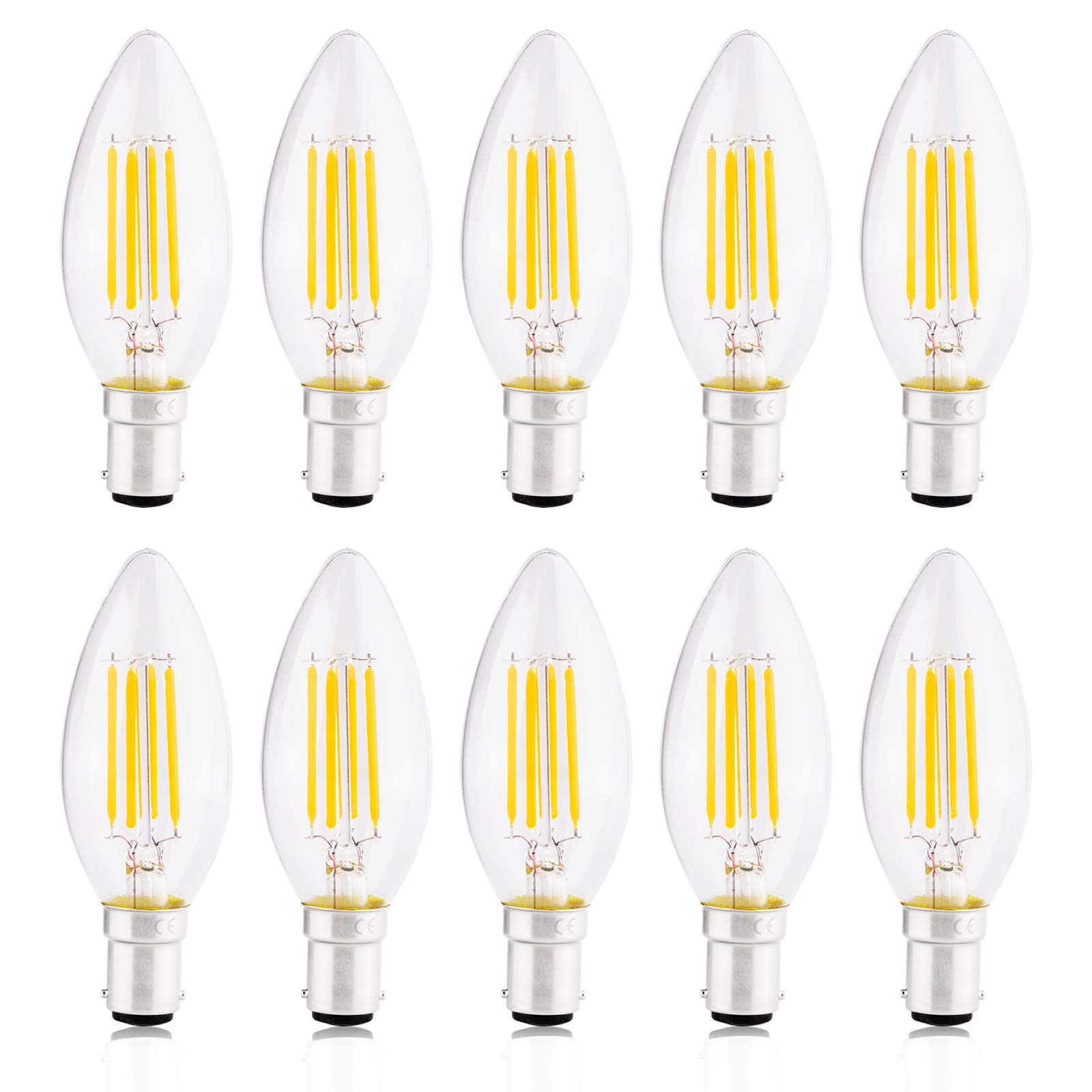 B15 Candle Bulb, Small Bayonet LED Bulbs 4W Equivalent to 40W Incandescent, Non-dimmable, 2700K Warm White, 420lm - Pack of 10