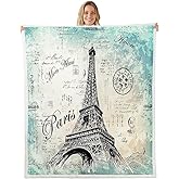 Feelyou Eiffel Tower Sherpa Blanket Women Chic Retro Paris Theme Fleece Throw Blanket Vintage Paris Cityscape Plush Bedroom Decor French Teal Fuzzy 50"x60"