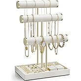 Vlando 3 Tier Bracelet Holder Organizer with Tray - Leather Jewelry Stand Organizer for Women - Jewelry Holder Display for Necklace, Watches, Rings, Earrings, Bangle, Scrunchie - Cloud White
