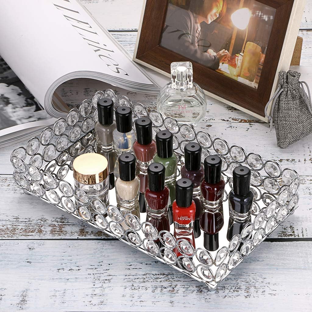 Hipiwe Crystal Cosmetic Makeup Tray - Mirrored Vanity Jewelry Decorative Tray Organizer for Storage Perfume, Toiletries,Trinket, Home Decor Tray for Dresser/Vanity Table, Bathroom: Home & Kitchen