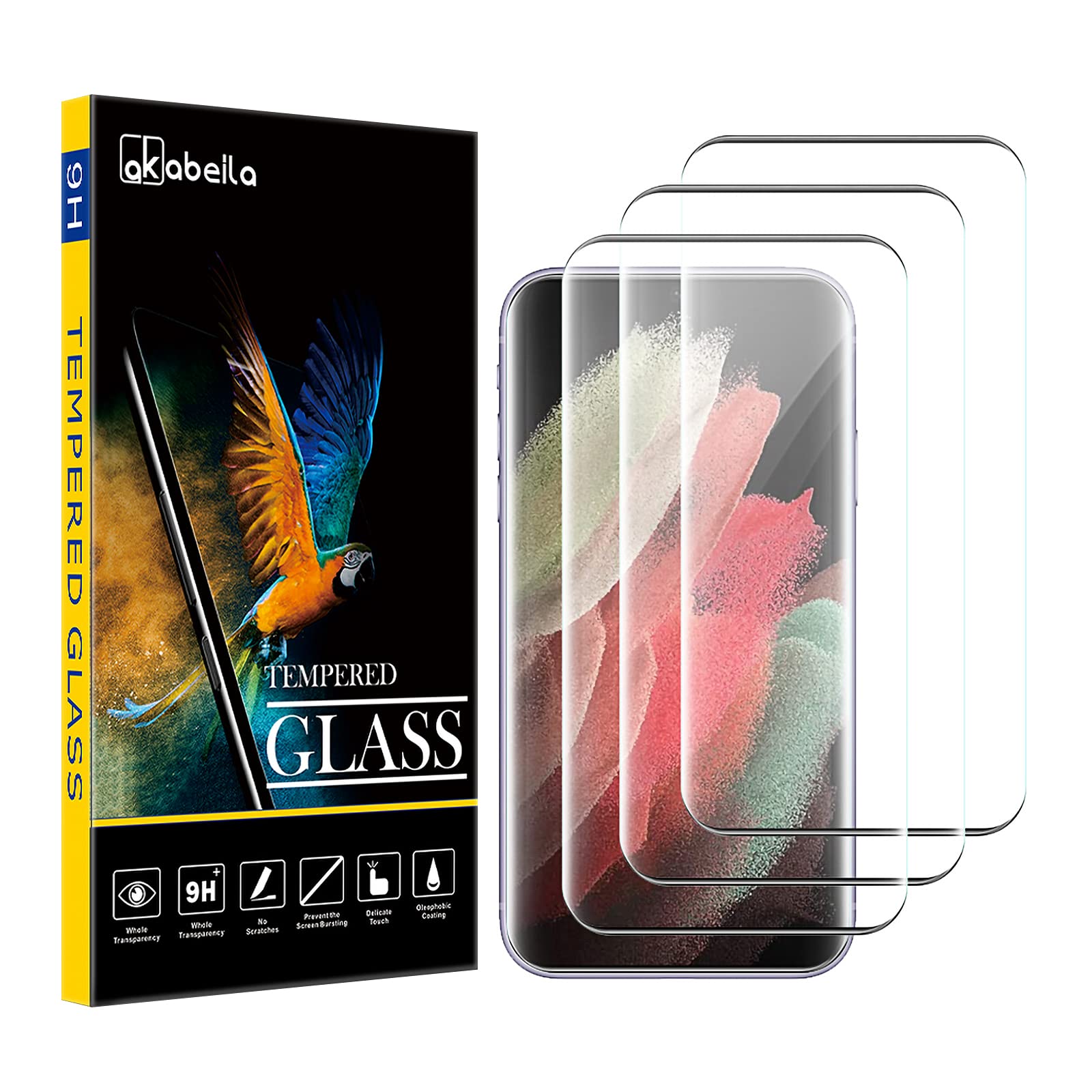 AKABEILA [3 Pack Screen Protector for Samsung Galaxy S21 Ultra Premium HD Tempered Glass Protective Film 9H Hardness Case Friendly Easy Installation Anti Scratch Bubble Free