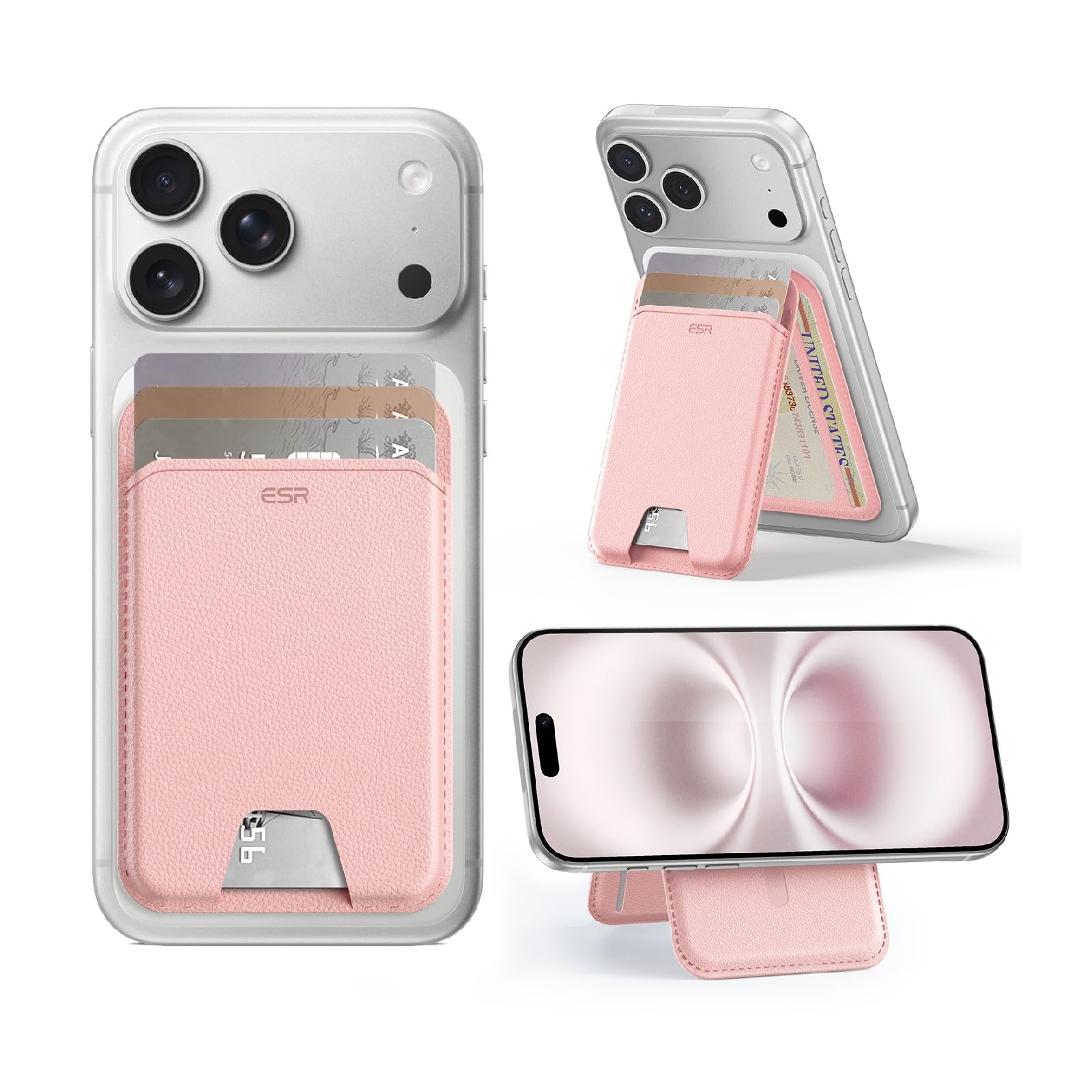 ESR Upgraded for Aura MagSafe Wallet, 5 Card-Holder, Magnetic Wallet with Adjustable Stand, for iPhone 17e/17/16/15/14/13/12 Series & Google Pixel 10, Not mini, Vegan Leather, Bubblegum Pink