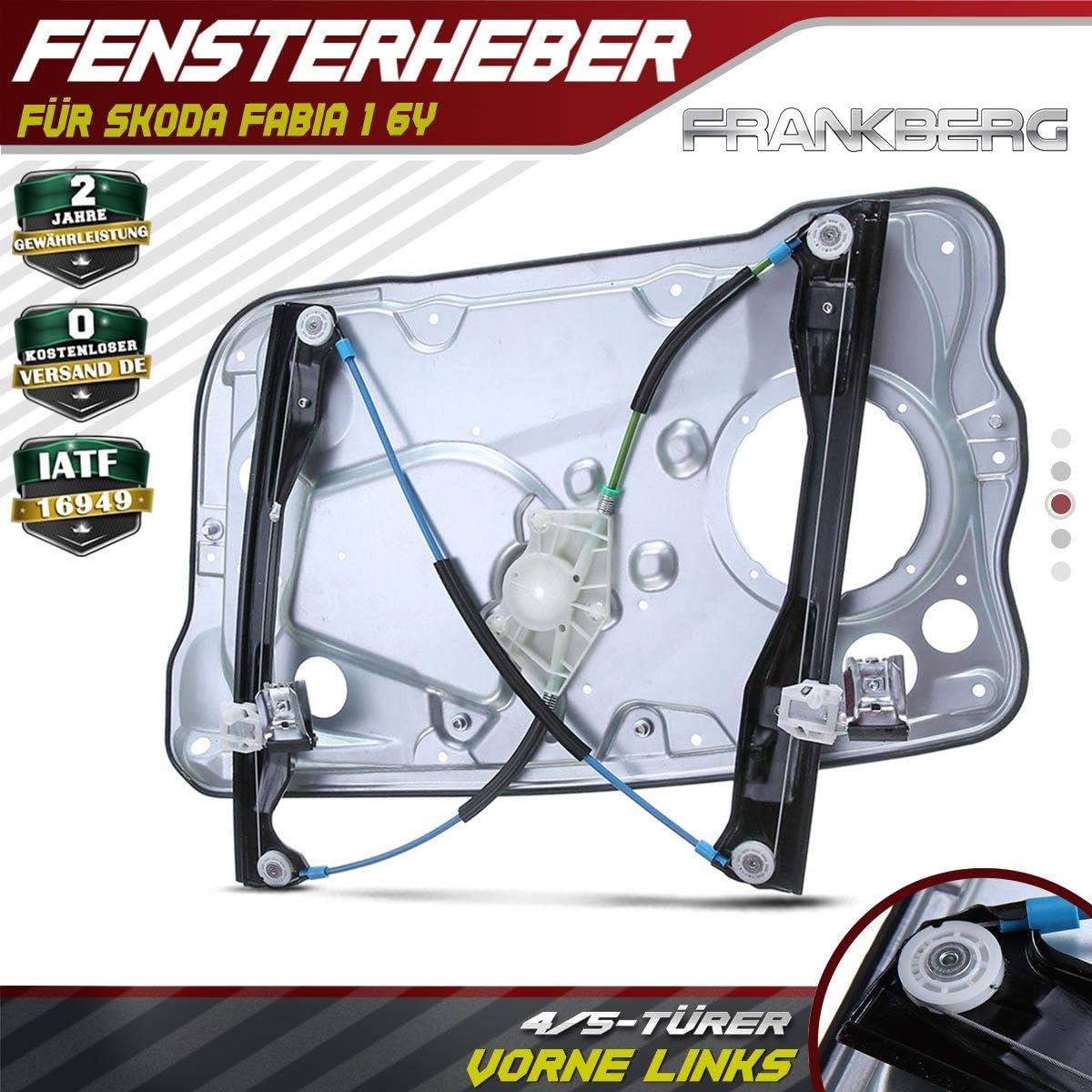 Frankberg Window Regulator with Metalplate Front Left Compatible with Fabia I 6Y2 6Y3 6Y5 4-5 Doors Hatchback Kombi Kasten Notchback 1999-2008 6Y0837461