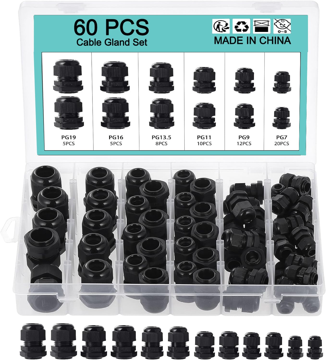 WiMas 60 Pack Cable Glands Waterproof Adjustable Cable Connectors Locknut Stuffing Glands PG7 PG9 PG11 PG13.5 PG16 PG19 Black Cable Gland Wire Protector