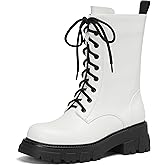 ElegaStep Women Harness Motorcycle Biker Boots Steampunk Combat Boots Chunky Mid Calf Goth Boots Lug Sole Lace up Side Zipper