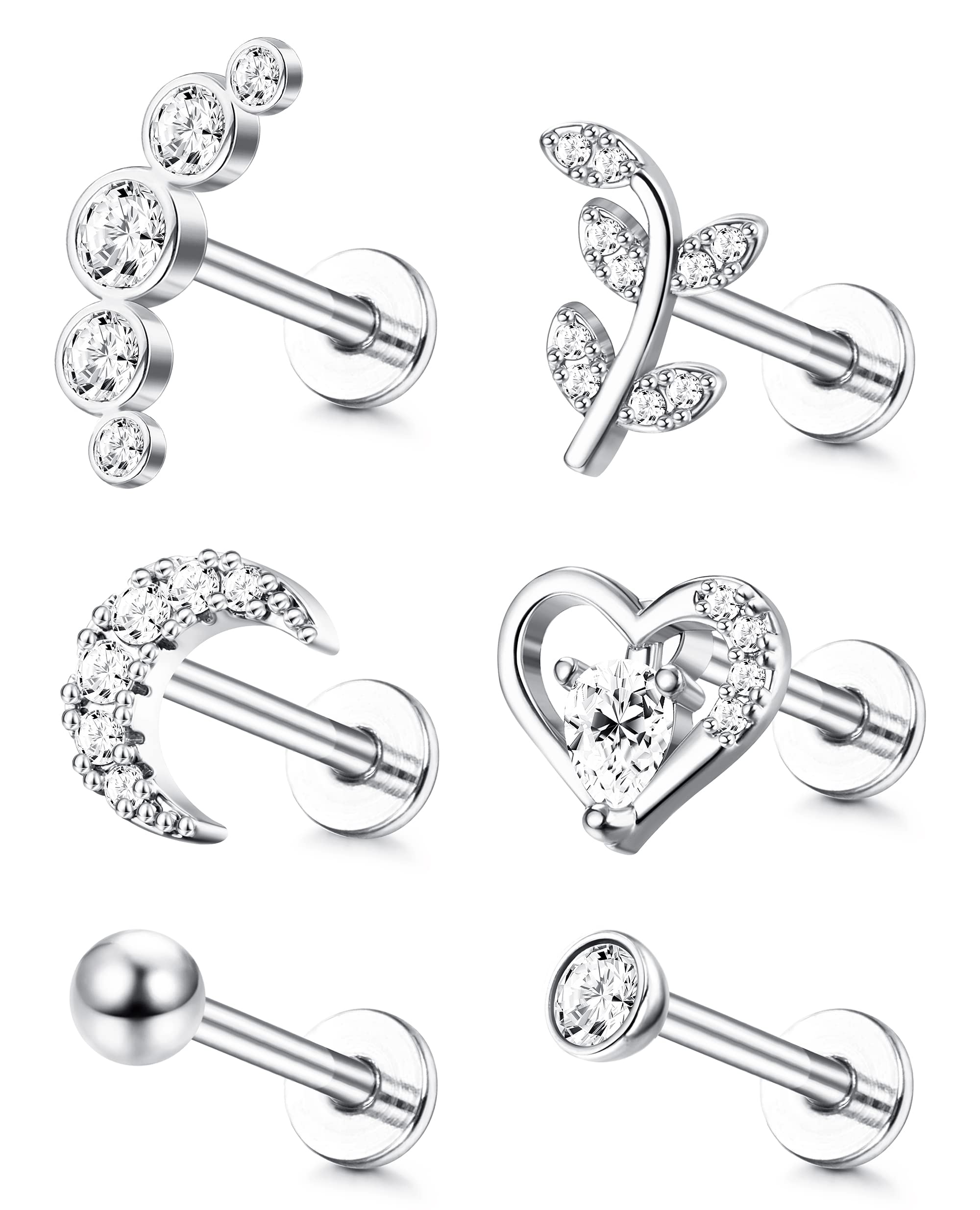 ADRAMATA 6Pcs 16G Cartilage Tragus Stud Earrings For Women Men Internally Threaded CZ Moon Heart Leaf Helix Conch Labret Monroe Ear Piercing Jewelry,S8