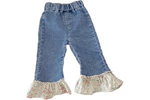 Toddler Girl Floral Flared Pants Flare Jeans Wide Legs Denim Pant Baby High Waist Bell Bottoms Ruffled Jeans