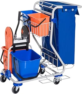 HOMCOM Putzwagen Reinigungswagen 4 Fahreimer Wischwagen Systemwagen mit Rollen Blau Orange L100 x B70 x H103 cm