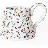 Mkour 16oz Large Ceramic Coffee Mugs, Handmade Big Tea Cups, Floral Design, Wide Bottom with Large Handle for Office and Home, Microwave and Dishwasher Safe (White)