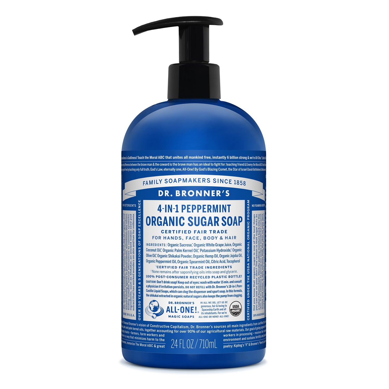 Dr. Bronner's Organic Peppermint Sugar Soap. 4-in-1 Organic Pump Soap for Home and Body (24 oz)