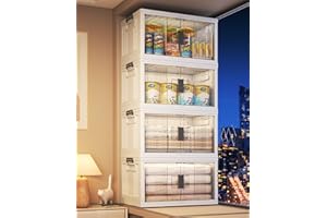 OlarHike 76QT Lockable Storage Bins with Lids - Folding Storage box with Doors and Wheels, Collapsible Plastic Storage Bins for Closets, Stackable Storage Organizer, Storage Containers, 4 Pack Cubes