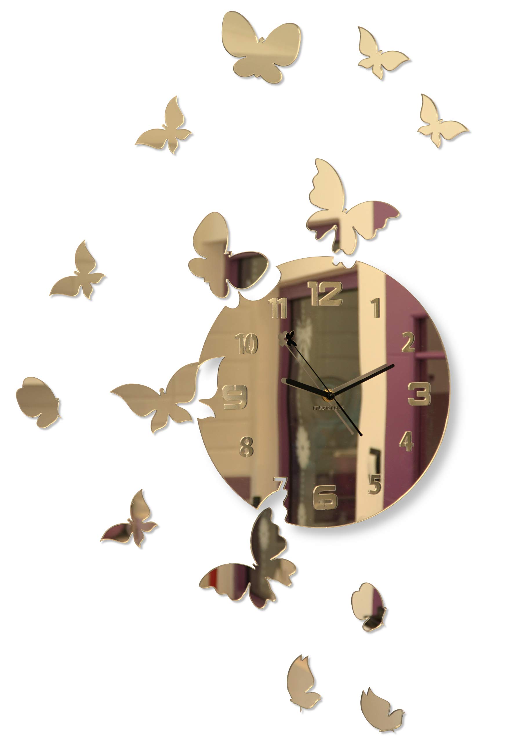 FLEXISTYLE z4g-0a Large Modern Wall Clock Butterfly Round 30 cm 15 Butterflies Living Room Bedroom Children's Room Product Made in the EU (Gold Mirror)