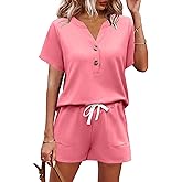 AKEWEI Womens Two Piece Outfits Summer Lounge Sets Tracksuit V Neck Buttons Down Tops and Shorts Set with Pockets