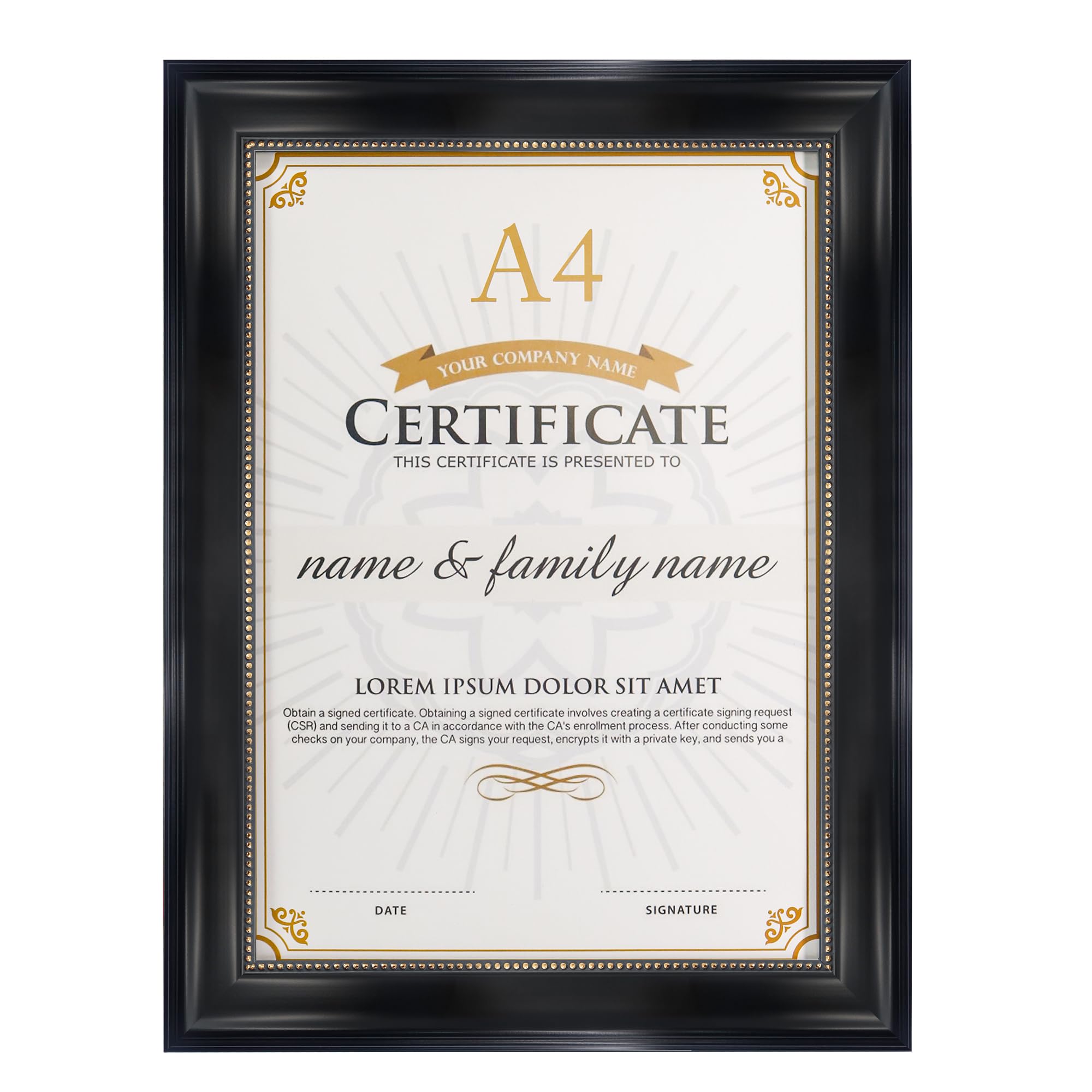 GraduationMall A4 Certificate Frame Diploma Frames Document Picture Holder,Wall & Tabletop Design,Black with Gold Beaded