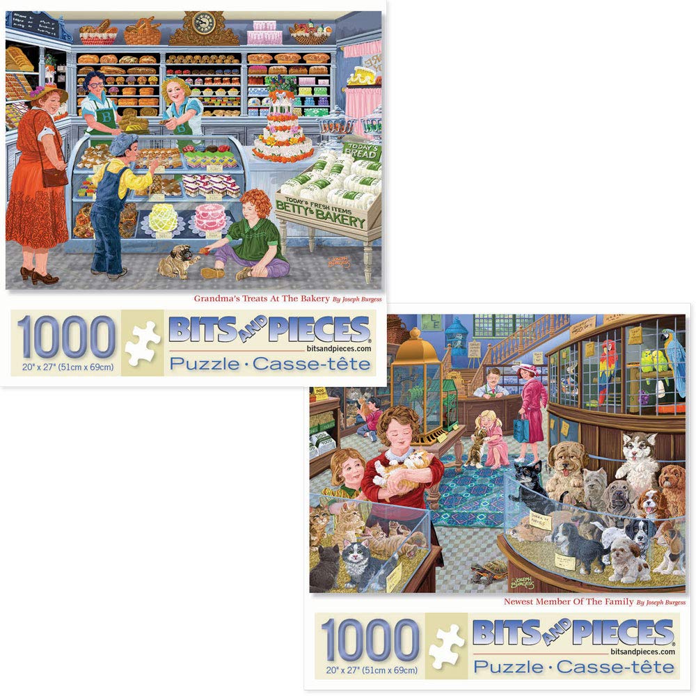Bits and Pieces - Value Set of Two (2) 1000 Piece Jigsaw Puzzles for Adults - Each Puzzle Measures 20" x 27" - Grandma's Treats at the Bakery, Newest Member of the Family by Artist Joseph Burgess