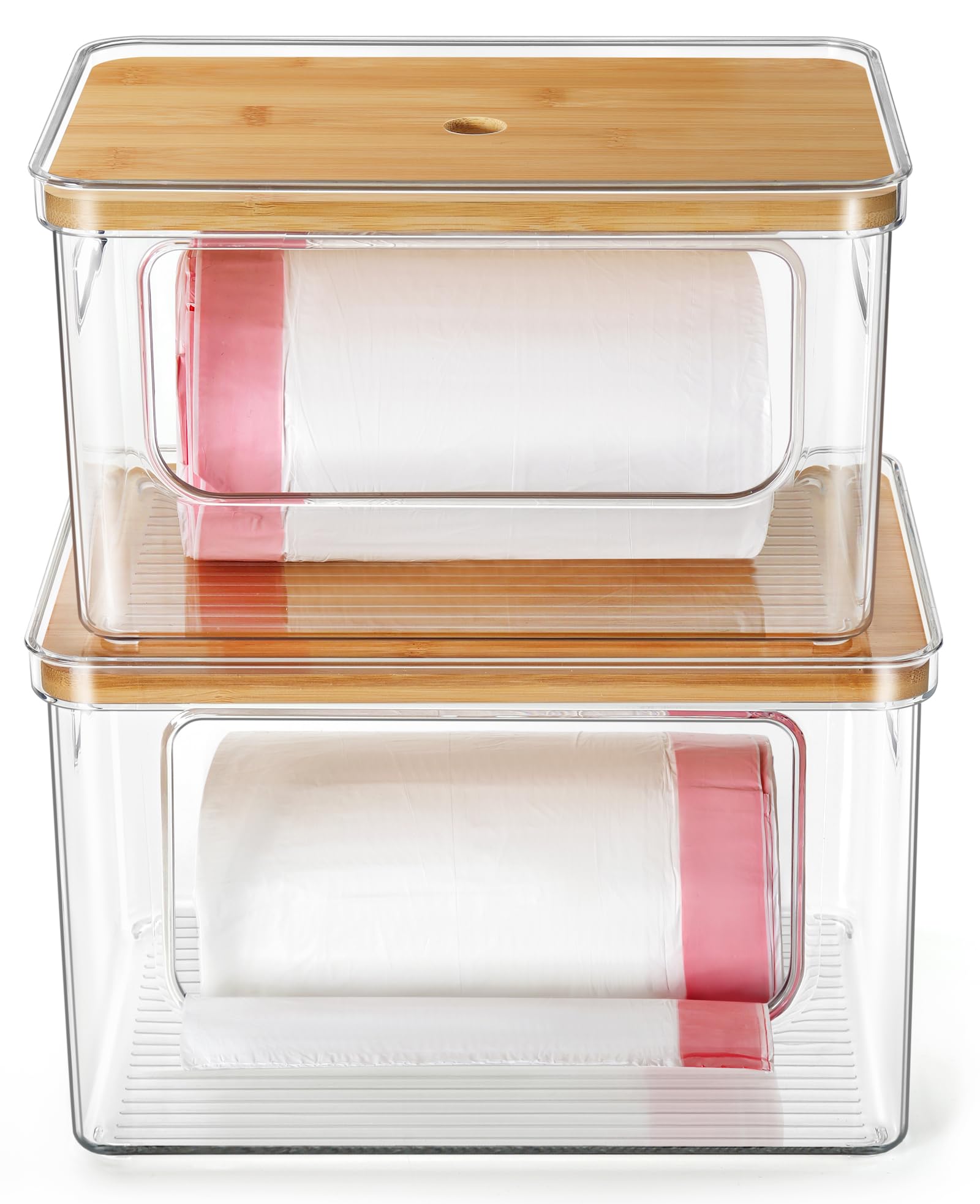 View 1 of (ONLY 1)Hudgan Trash Bag Dispenser 2 Pack, Garbage Bag Holder with Bamboo Top, Extra Large Trash Bags Organizer Under Sink