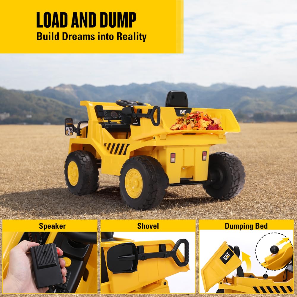 DASHINGNOAH Licensed Caterpillar 12V 7AH Ride on Dump Truck, Kids Electric Cars with Remote Control, Dump Bed, Shovel, LED Lights, Bluetooth/MP3/USB, Battery Powered Cars for Kids to Drive