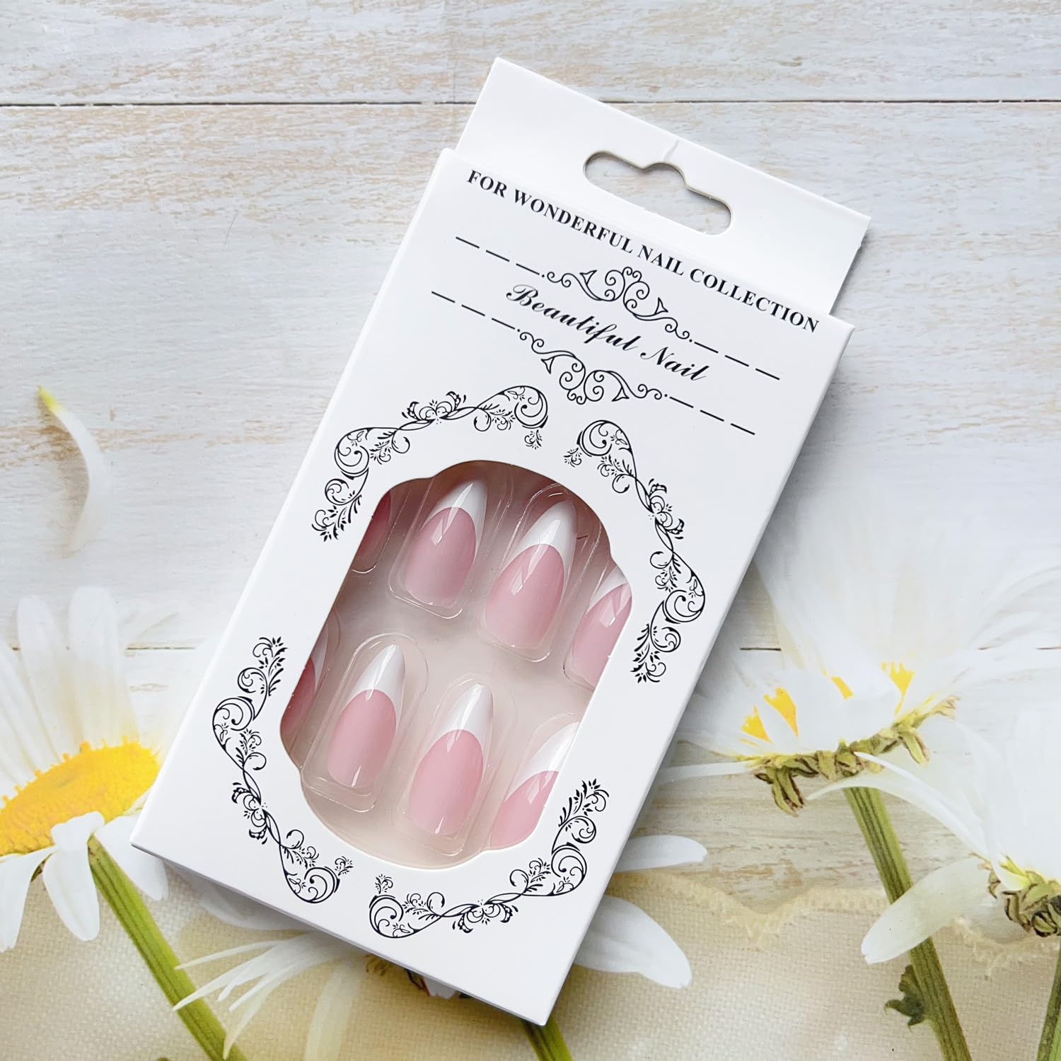 LPOODDNU White French Tip Press on Nails Almond Medium Fake Nails Glossy Pink False Nails with Designs Pink Acrylic Nails Press ons Full Cover Glue on Nails Stick on Nails for Women Manicure 24Pcs - Image 6