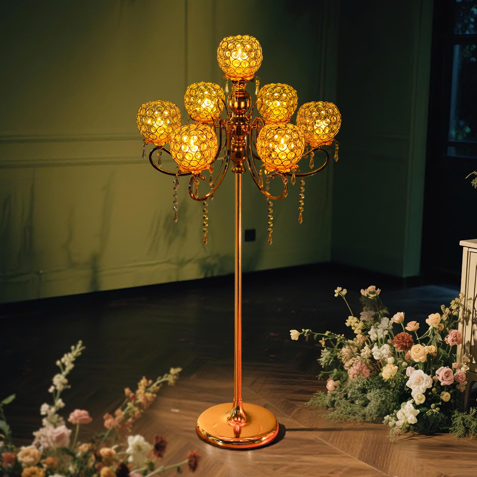 Photo 1 of ***(PARTS ONLY/ NON FUNCTIONAL)***kolnlala 50" Tall Large Elegant Crystal Candelabra - Candlestick Holder Centerpiece for Weddings, Parties & Reception Decoration, Tealight Tray & Gorgeous Floor Candelabra Home Decor(Gold-1pc, 7-Arm)