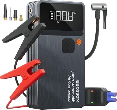 Starthilfe Powerbank für PKW mit 7 in 1 Portablem Luftkompressor,Powerpack kfz Booster mit 12000 mAh,Auto Jump Starter Batterie mit LED Lampe und USB-C Ladung,Reiseset und Notfallwerkzeug