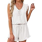 KFUBUO Womens Ruffle Pajamas Set 2 Piece Pj V Neck Tank Tops and Shorts Sleepwear Set Bridal Pajama Sets
