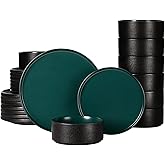 GZG Classic Series - Plates and Bowls Set for 8, 24 Piece Stoneware Dinnerware Sets, Microwave and Dishwasher Safe Lead-Free Handcrafted Ceramic Dishes Set - Malachite Green
