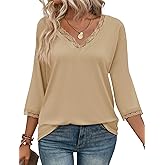 Tankaneo Womens 3/4 Length Sleeve Tops Lace V Neck T-Shirts Dressy Casual Loose Fit Tunic Shirts