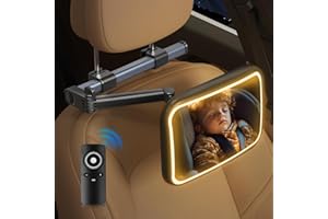 Pitycbo Baby Car Mirror with Light - Car Seat Mirror for Baby Rear Facing with Adjustable Aluminum Alloy Holder, Remote Control, 360° Rotation ShatterProof Back Seat Mirror for Baby