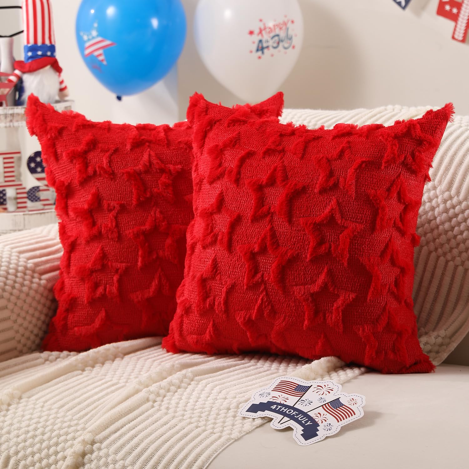 Photo 1 of DFXSZ 4th of July Pillow Covers 18x18 inch Set of 2 4th of July Decor Red Stars Decoration Red Soft Plush Faux Fur Jacquard Throw Pillows Independence Day Decorations for Home Sofa PTK029B18
