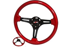 AJP Distributors Universal 350mm 6 Bolt Hole Heavy Duty Light Weight Steering Wheel Red Trim Black Center Streak Design Godsnow Jdm Horn