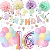 BRT Bearingshui 16th Birthday Decorations, 40 Inch Rainbow Gradient Number 16 Balloon, 16th Birthday Balloon, Happy Birthday Banner, Sweet 16th Birthday Party Supplies