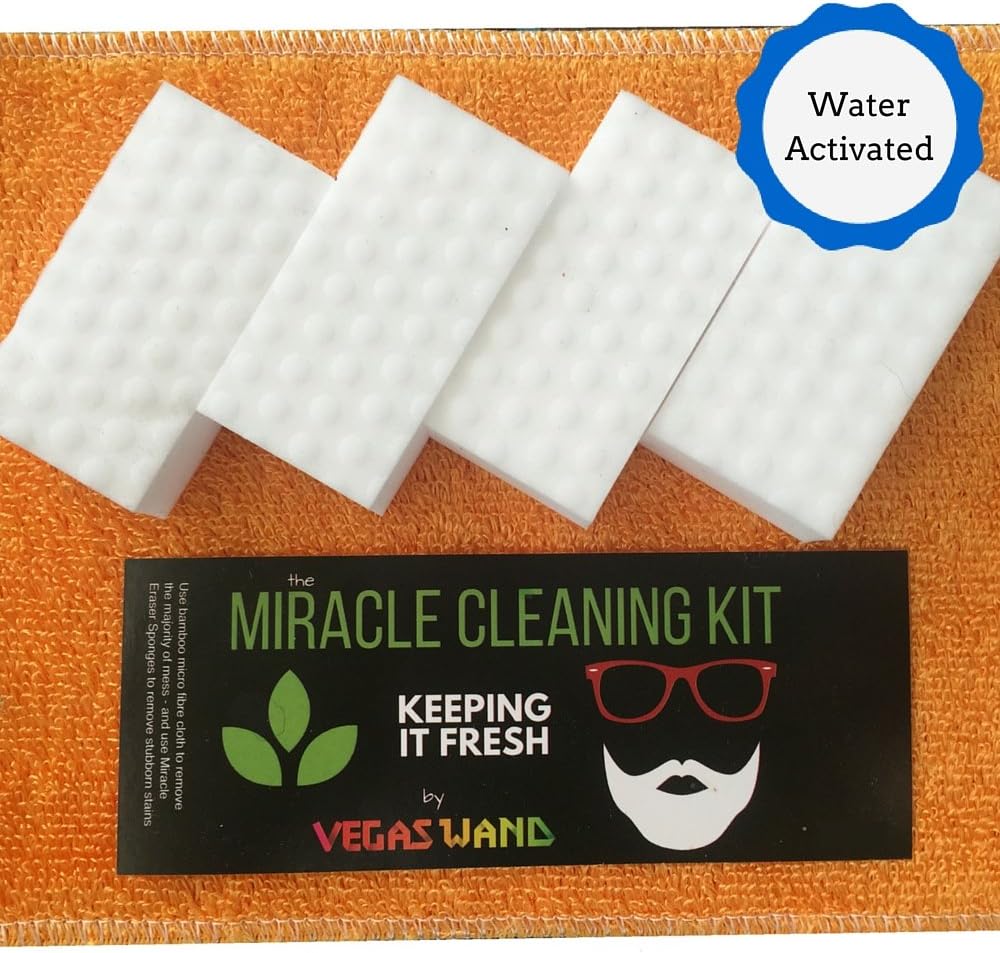 Magic Melamine Eraser Sponge Cleaning Kit - With Bamboo Microfiber Cloth - for Chalk Marker Ink Home Cleainng Bathroom Mould Window and Stubborn Stains