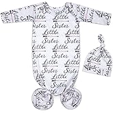 Mikccer Baby Newborn Knotted Gown 0-6 Months, Soft Breathable Sleeper Gowns, Babies Girl Coming Home Outfit Infant Little Sister Nightgowns with Hat Set