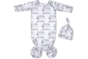 Mikccer Baby Newborn Knotted Gown 0-6 Months, Soft Breathable Sleeper Gowns, Babies Girl Coming Home Outfit Infant Little Sister Nightgowns with Hat Set