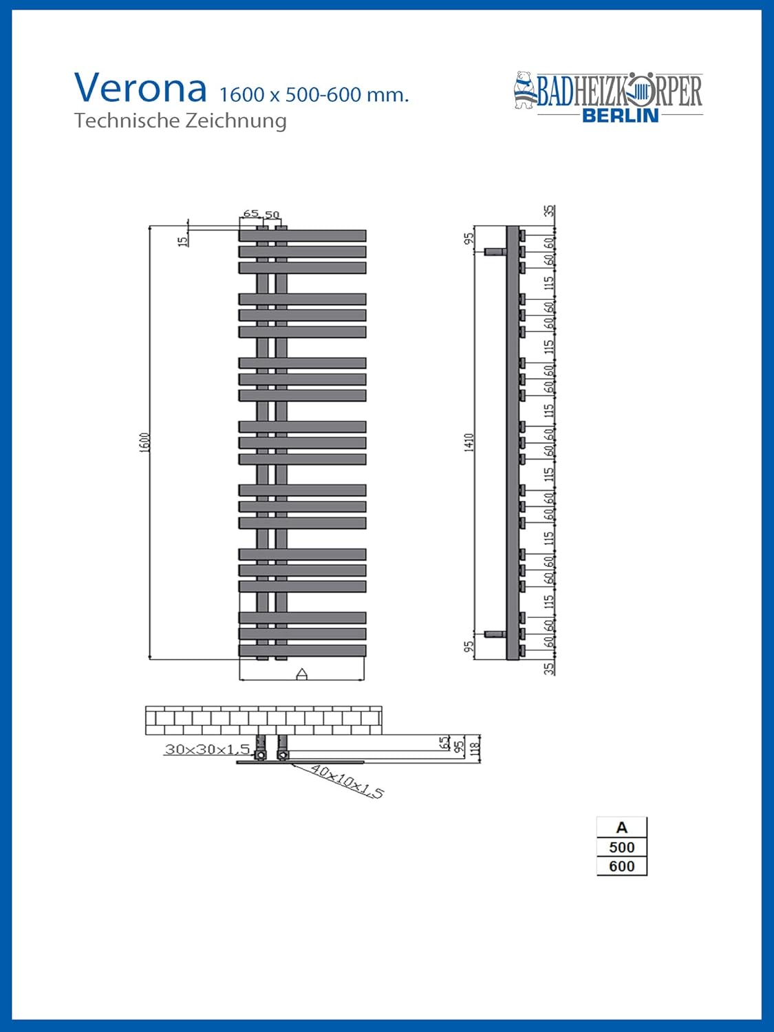 Diseño baño Radiador VERONA Negro Antracita 1600 x 500 mm ...