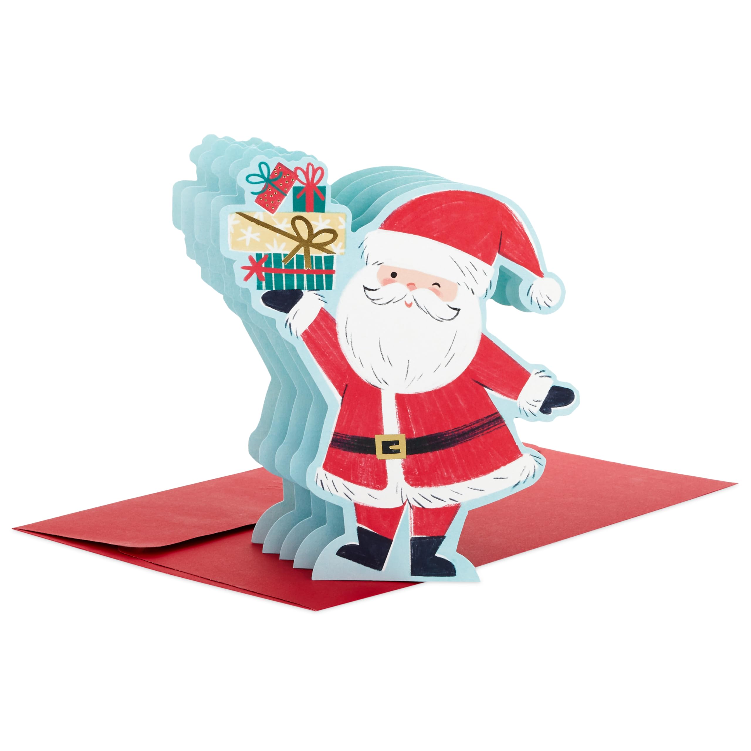 Hallmark Christmas Card, 3D and Pop Up Christmas Card, Santa and Presents, Red, Blue