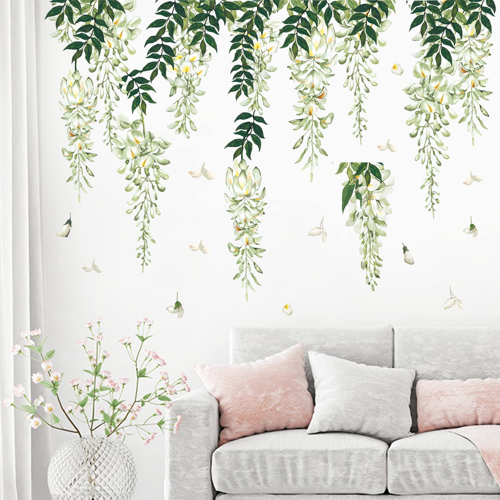 decalmile Wisteria Flower Wall Stickers Hanging Vine Floral Leaves Wall Decals Kids Room Bedroom Living Room Wall Decor