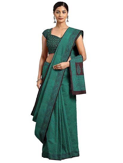 Pure Cotton Blue & Black Handblock printed Saree and Blouse MRBASA0003