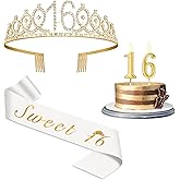 Sweet 16 Party Decorations for Girls with Sweet 16 Sash White, Rhinestone 16th Birthday Tiara, 16 Candles Gold, 16th Birthday Gifts for Girls Gold White Set