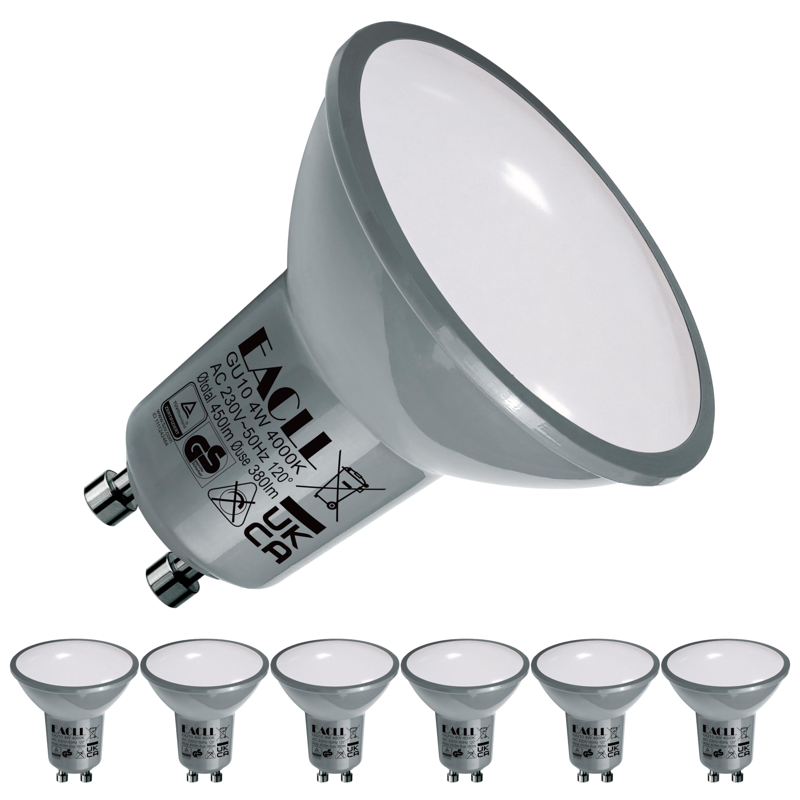 EACLL GU10 LED Bulbs 4W Neutral White 4000K, 50W Halogen Lamp Equivalent. 450 Lumen Energy Saving Light Source, Wide Beam 120° Spotlight, No Flicker Non-dimmable Reflector Bulb, Pack of 4