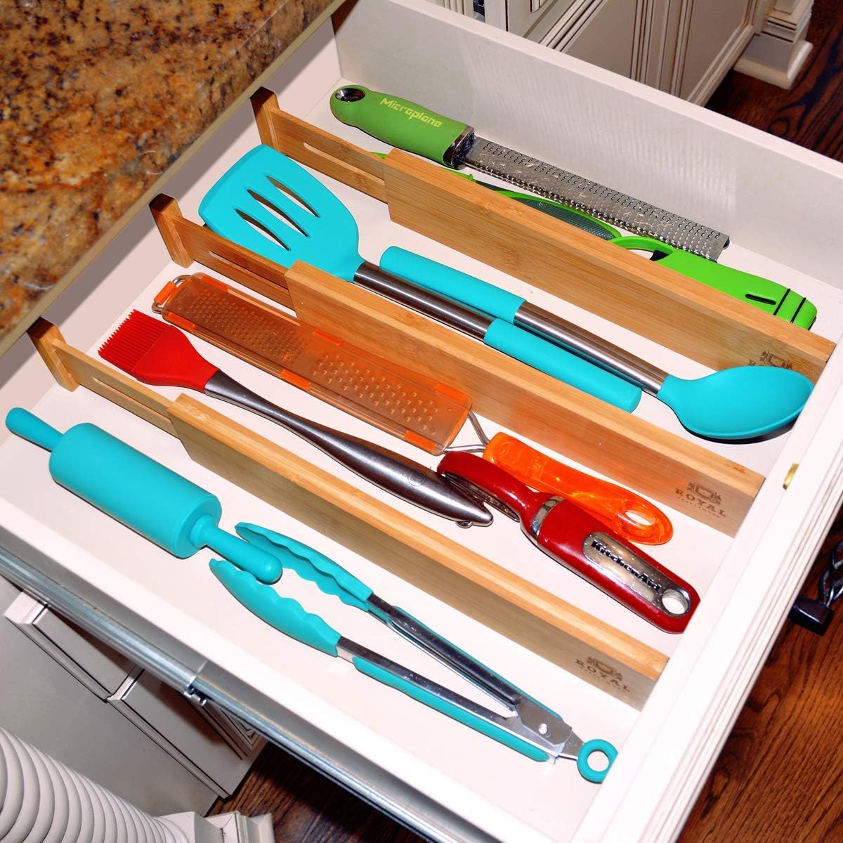 Adjustable Bamboo Drawer Dividers Organizers - Expandable Drawer Organization Separators For Kitchen, Dresser, Bedroom, Bathroom and Office, 4-Pack (17-22 IN, Natural): Home Improvement