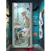 Halloween Skeleton Door Cover for Bathroom Decor - Brush Time | Fits Most Standard Doors 90 x 200cm, Funny Indoor Fabric Decorations for Home Office School, Great for Party Photos, Pranks