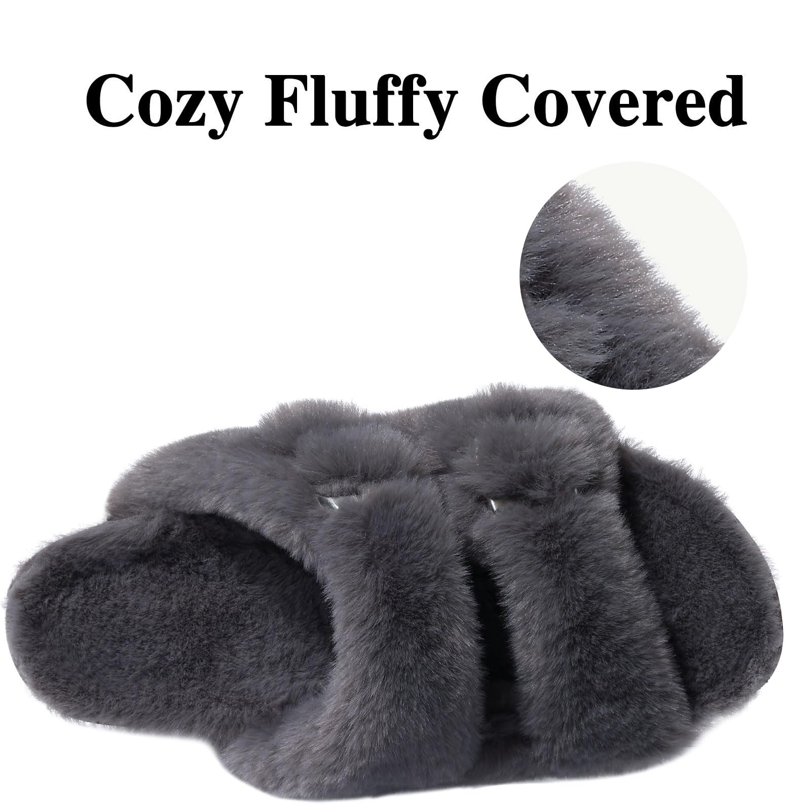 KIDMI Fuzzy Slippers Women with Cork Footbed Fluffy Slides Open Toe Indoor House Shoes | Arch Support | Adjustable Buckles, Deep Grey 6.5-7