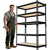 SYLOUGH 60" H x28 W x12 D: Father&I 5-Shelf-Storage-Rack Metal+Wood Garage/Kitchen Pantry Shelves Steel Utility Stand Shelving Unit Adjustable Heavy-Duty Shed Closet/Attic/Laundry Organizer, Black